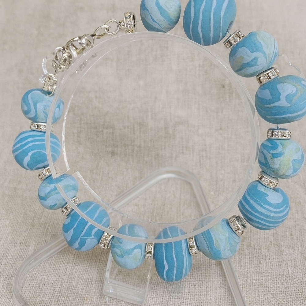 One-of-a-Kind Handmade Sky Blue Marbled Polymer Clay Bracelet - Picture 9 of 16